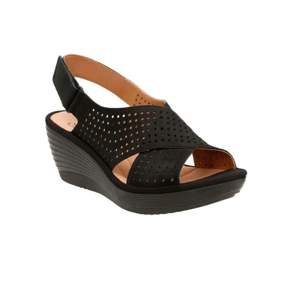 Clarks Reedly Variel Black Perforated Suede Sandals sz 12 NWT